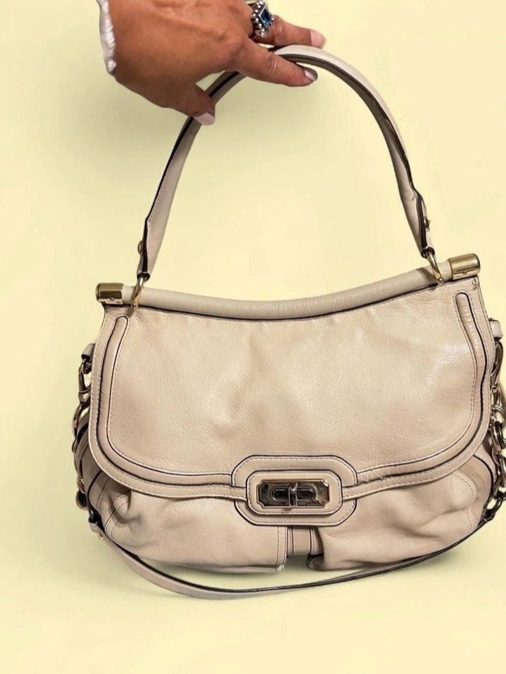 Coach Chelsea Flagship Dowel Flap Satchel Leather Shoulder Bag in Beige